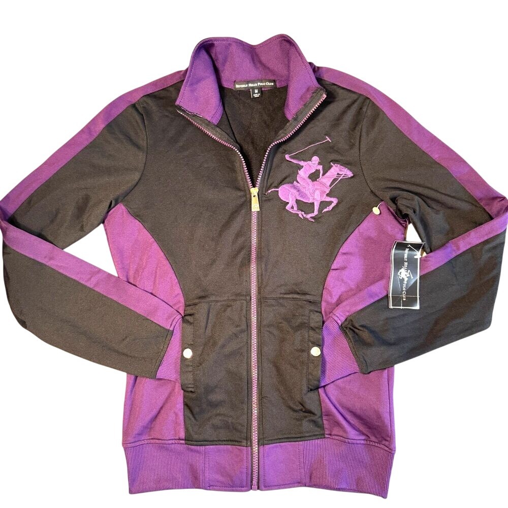NEW Beverly Hills Polo Club Track Jacket Womens Medium Black Purple Zip‎ Up Y2K